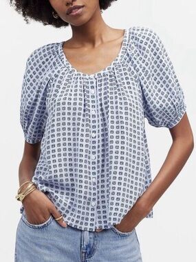 Madewell Floral Puff-Sleeve Button-Front Women's Top in Light Blue Navy Sz Large